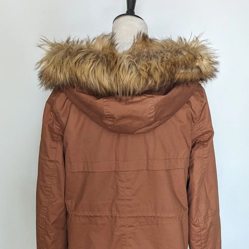 Love Tree Boutique Brown Faux Fur Trimmed Hood Sherpa Lined Jacket Coat Small - Picture 7 of 13